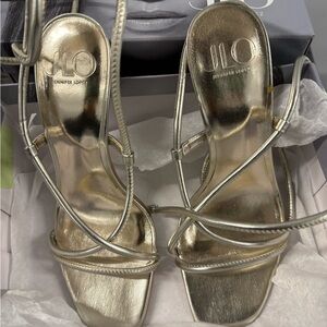 Jennifer Lopez Gold Strappy Square Toe Heels